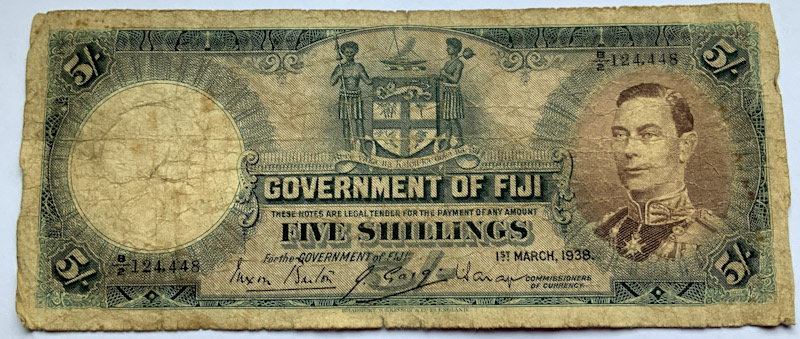1938 Fiji Five Shillings banknote